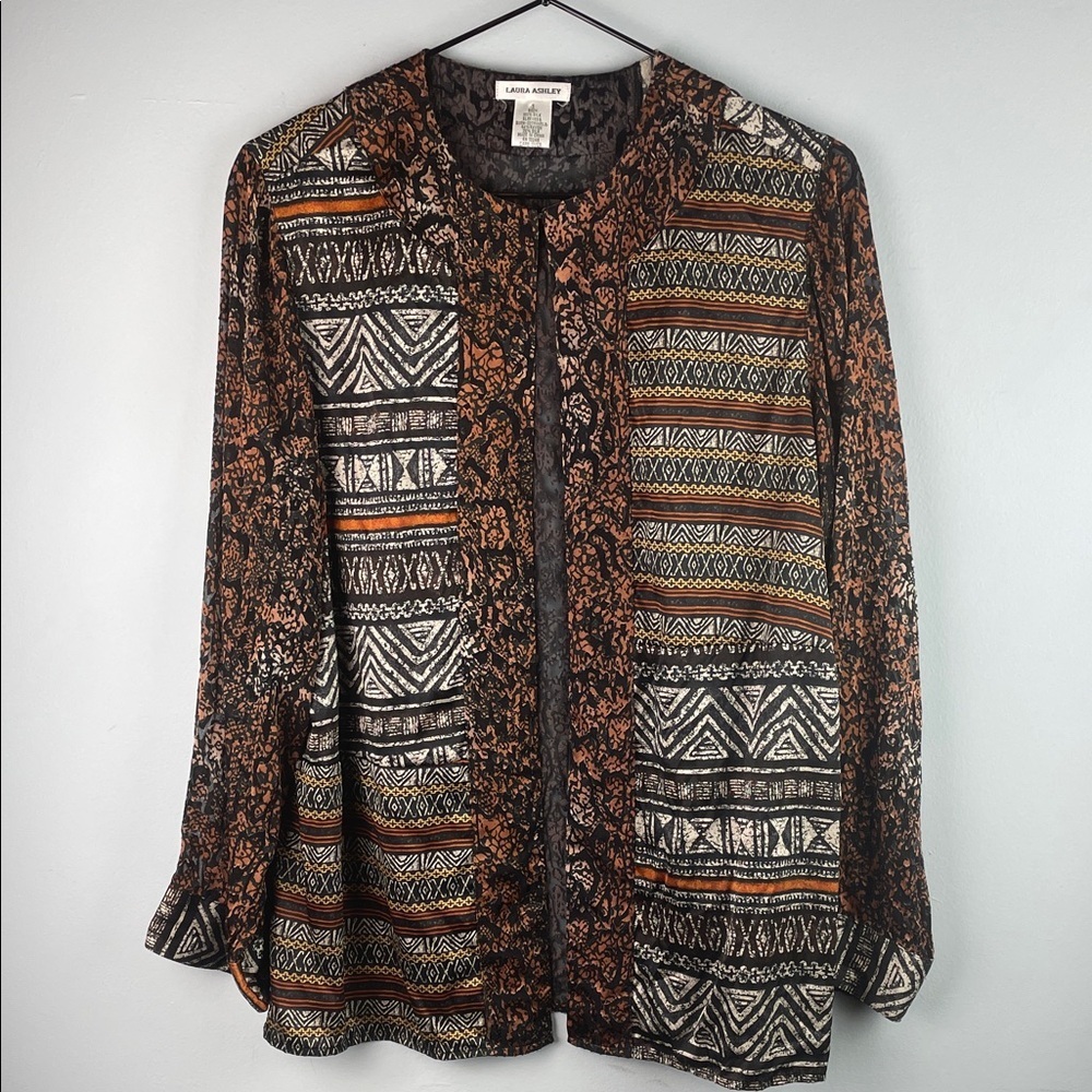 Laura Ashley Tribal-Print Silk Sheer Cardigan Size S